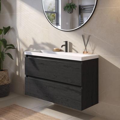 Saqu Gaia ondiep badmeubel incl. glans witte wastafel 100x40x64cm eiken zwart - zwarte greeplijst