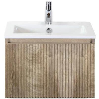 Frozen 3D Badmeubelset 60 cm - Greeplijst in Kleur - Grain Oak - Keramische Wastafel Wit 1 Kraangat