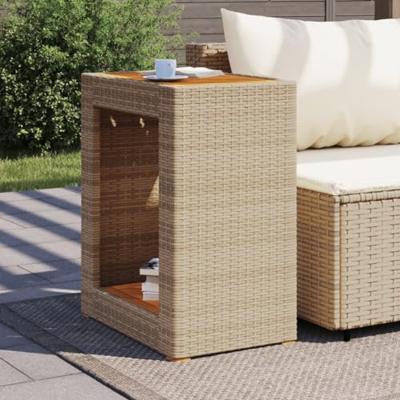 Tuinbijzettafel met houten blad 60x40x75 cm poly rattan beige - thumbnail