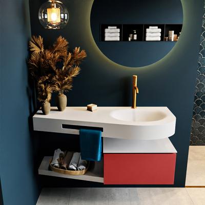 MONDIAZ RIVA 120cm badmeubel onderkast / planchet kleur Fire met 1 lade. Wastafel DULCET rechts 1 kraangat kleur Talc.