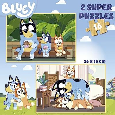 2 Super Puzzels 16 stukjes hout - Bluey - EDUCA blauw