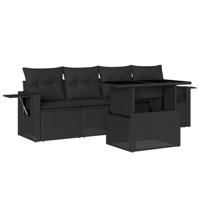 5-delige Loungeset met kussens poly rattan zwart - thumbnail