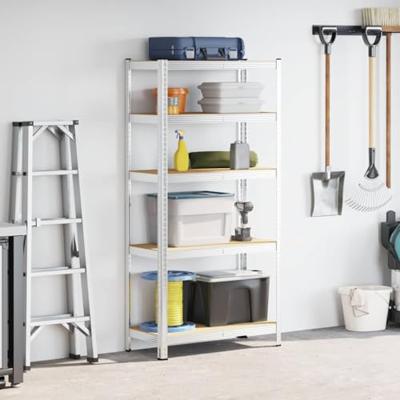 Opbergrek 5-laags staal en bewerkt hout zilverkleurig Opbergrek 5-laags staal en bewerkt hout zilverkleurig