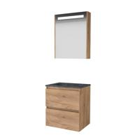 Basic-Line Premium 46 Badkamermeubelset - 60 x 46 cm - Greeploos - 2 Lades - Hardstenen Wastafel - 1 Kraangat - Spiegelkast met LED Verlichting - Whisky Oak - thumbnail