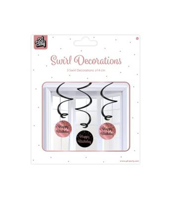 Hangdecoratie Swirls Happy Birthday Roségoud/Zwart (3st)