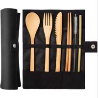2 PC'S reizen creatieve bamboe stro dinnerware messen vork lepel eetstokjes set met doek zak (zwart) - thumbnail