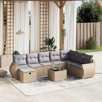 9-delige Loungeset met kussens poly rattan gemengd beige