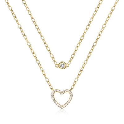 Zilveren Dubbele Ketting met Gouden Plating, Hart en Zirkonia - Romantische Allure van Elenza