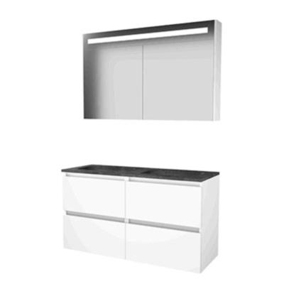 Basic-Line Premium 46 Badkamermeubelset - 120 x 46 cm - Greeploos - 4 Lades - Hardstenen Wastafel - 2 Kraangaten - Spiegelkast met LED Verlichting - Ice White