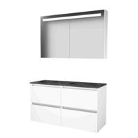 Basic-Line Premium 46 Badkamermeubelset - 120 x 46 cm - Greeploos - 4 Lades - Hardstenen Wastafel - 2 Kraangaten - Spiegelkast met LED Verlichting - Ice White - thumbnail