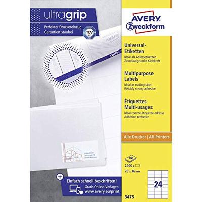 Avery-Zweckform 3475 Universele etiketten 70 x 36 mm Papier Wit 2400 stuk(s) Permanent hechtend Inkjet, Laser (zwart/wit), Laser (kleur), Kopiëren (zwart/wit),
