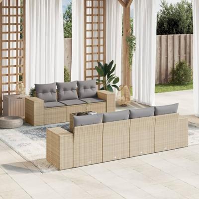 8-delige Loungeset met kussens poly rattan beige