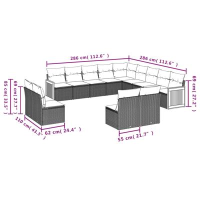 14-delige Loungeset met kussens poly rattan grijs