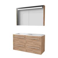 Basic-Line Premium 46 Badkamermeubelset - 120 x 46 cm - Met Grepen - 4 Lades - Acryl Wastafel - 2 Kraangaten - Spiegelkast met LED Verlichting - Whisky Oak - thumbnail