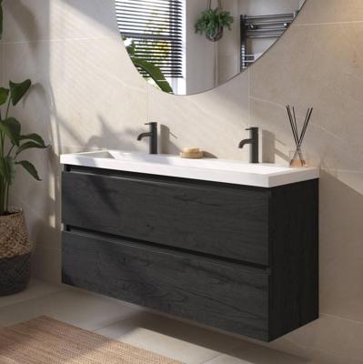 Saqu Gaia ondiep badmeubel incl. glans witte wastafel met 2 kraangaten 120x40x64cm eiken zwart - zwarte greeplijst