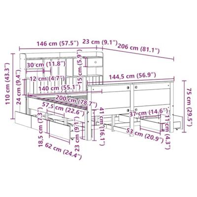 Bed met boekenkast zonder matras massief grenenhout 140x200 cm