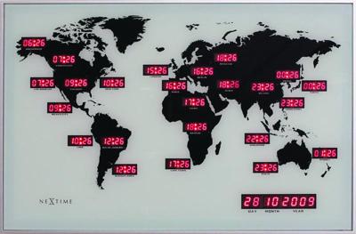 Wandklok - 55 x 36 x 4 cm - Glas - Aluminium - Wereldklok - 'World Time Digit' Wandklok - 55 x 36 x 4 cm - Glas - Aluminium - Wereldklok - 'World Time Digit'