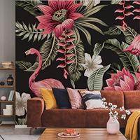 Fotobehang - Tropische bloemen en Flamingo&apos;s Vintage, 11 maten, premium print, incl behanglijm - thumbnail
