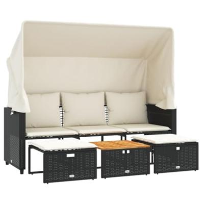 Tuinbank 3-zits met luifel en voetenbanken poly rattan zwart Tuinbank 3-zits met luifel en voetenbanken poly rattan zwart