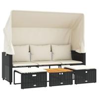 Tuinbank 3-zits met luifel en voetenbanken poly rattan zwart - thumbnail