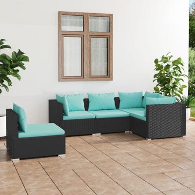 5-delige Loungeset met kussens poly rattan zwart