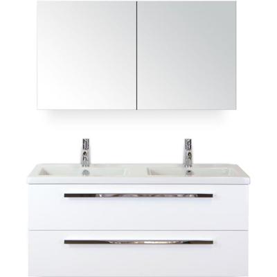 Seville Badmeubelset 120 cm - 2 Laden Wit Hoogglans - Wastafel Djazz Dubbel met Spiegelkast