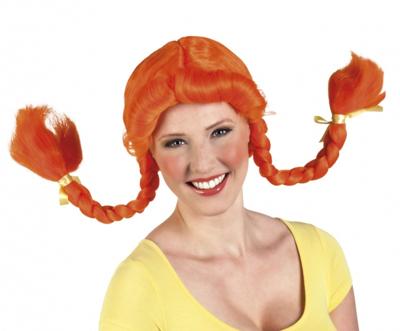 Boland Pruik met oranje vlechten en strik