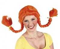 Boland Pruik met oranje vlechten en strik - thumbnail