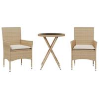 3-delige Bistroset met kussens poly rattan en glas beige - thumbnail