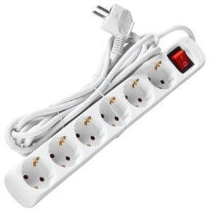 Stekkerdoos wit 5M, met schakelaar en randaarde. 6 aansluitingen