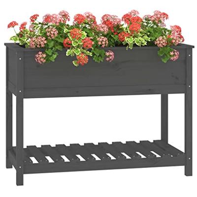 VidaXL Plantenbak met schap 111,5x54x81 cm massief grenenhout grijs