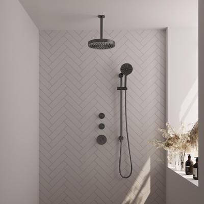 Brauer Stripe thermostatische inbouw regendouche SET 12 met 25 cm douchekop en plafondarm en 3-standen handdouche en doucheslang en geintegreerde glijstang gunmetal geborsteld PVD