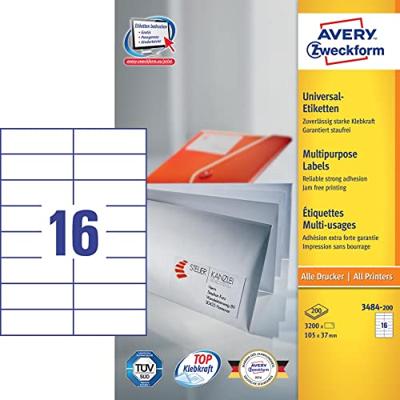 Avery-Zweckform 3484-200 Universele etiketten 105 x 37 mm Papier Wit 3520 stuk(s) Permanent hechtend Laser (zwart/wit), Laser (kleur) Avery-Zweckform 3484-200 Universele etiketten 105 x 37 mm Papier Wit 3520 stuk(s) Permanent hechtend Laser (zwart/wit), Laser (kleur)