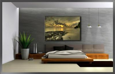 Schilderij met Frame - Stranden zonsondergang achter wolken, 120x80cm, 1 Luik