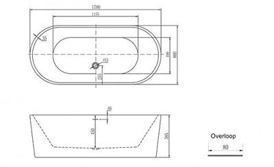 Saqu Spa vrijstaand bad met 2 ligzijdes 178x80cm mat wit acryl incl. afvoer met overloop wit