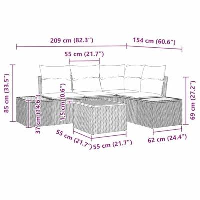 Tuinbankenset met kussen 5 pcs Grijs Poly riet