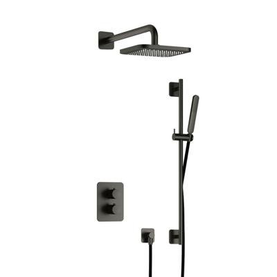 Hotbath Gal - Inbouw Regendoucheset - Geborsteld Gunmetal PVD - Thermostatisch - Wandarm 35 cm - Hoofddouche 220 mm - Staafhanddouche - Glijstang 900 mm - met 2-Weg Stop-Omstel