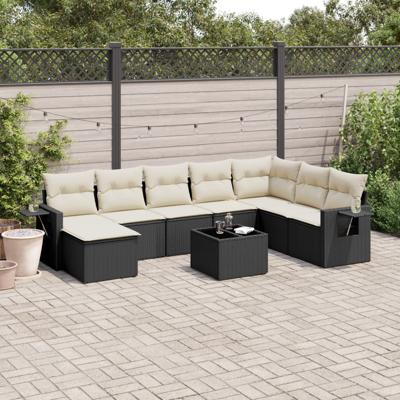 8-delige Loungeset met kussens poly rattan zwart - thumbnail