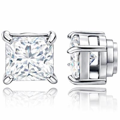 Heren oorbellen magnetisch zilverkleurig vierkant met steen