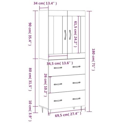 Hoge kast 69,5x34x180 cm bewerkt hout grijs sonoma eikenkleurig