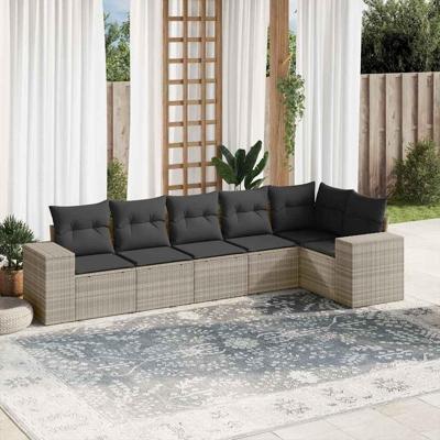 6-delige Loungeset met kussens poly rattan lichtgrijs