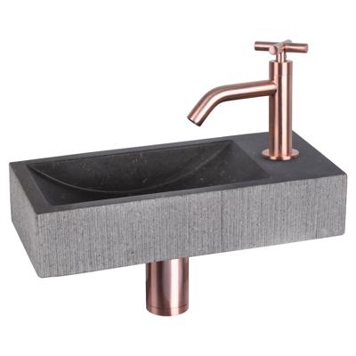 Fonteinset Differnz Ribble Natuursteen 38x18x8 cm Zwart Met Gebogen Kraan Mat Goud Differnz