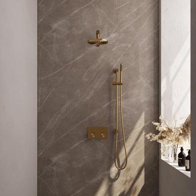 Brauer Gold Carving Thermostatische Regendoucheset Inbouw - Hoofddouche 20 cm - Rechte Wandarm - Met Drukknoppen - Handdouche Staaf - Doucheslang - Geintegreerde Glijstang - Geborsteld Goud