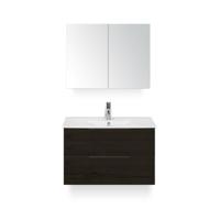 Seville Badmeubelset 80 cm - Black Oak Edge greep - Wastafel Enjoy - met Spiegelkast - thumbnail