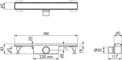 Easy Drain Compact Zero afvoergoot enkele plaat met zijuitloop 6x70cm 50mm RVS edcomz700-50