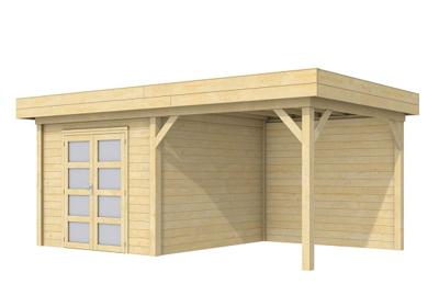 Woodvision Bosuil blokhut 300x300 cm + overkapping 300 cm vuren blank- Plat dak- Onbehandeld vurenhout- Woodvision