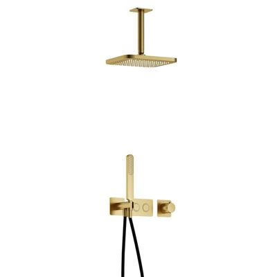 Hotbath Gal - Inbouw Regendoucheset - Geborsteld Messing PVD - Thermostatisch - Plafondbuis 15 cm - Hoofddouche 220 mm - Staafhanddouche