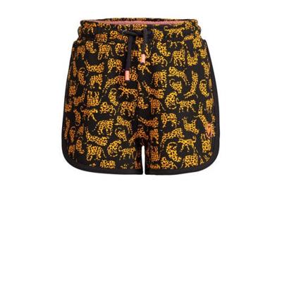 WE Fashion straight fit sweatshort met dierenprint en borduursels zwart/geel