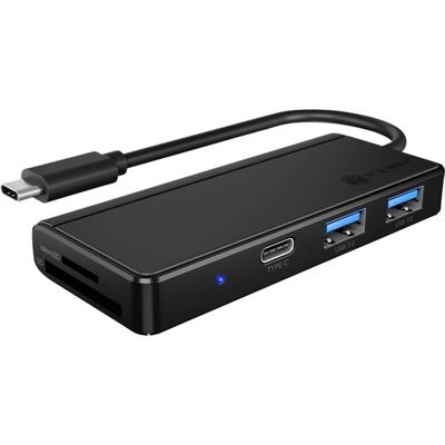 ICY BOX USB-C hub met kaartlezer (SD, microSD) en 3 USB 3.0 poorten (1 USB-C, 2 USB-A), geïntegreerde kabel, zwart
