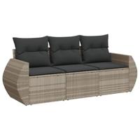 3-delige Loungeset met kussens poly rattan lichtgrijs - thumbnail